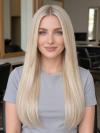 100% Echthaar Platinblond Glatt Langhaar Perücke Natürliche Gerade Echthaarperücke für Damen EH057