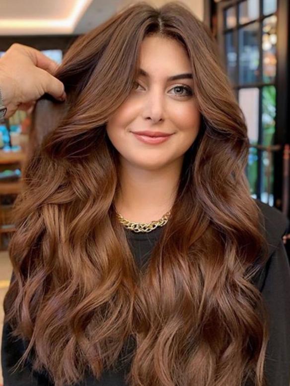 Gewellete Echthaarperücke Braun mit blonden Highlights EH003