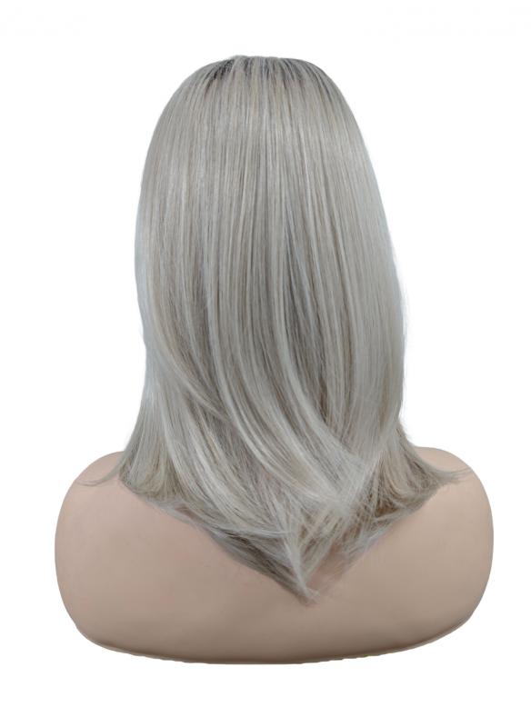 Mittellange Kunsthaarperücke in Platinblond mit Dunklem Ansatz (Lace Front) DLP061