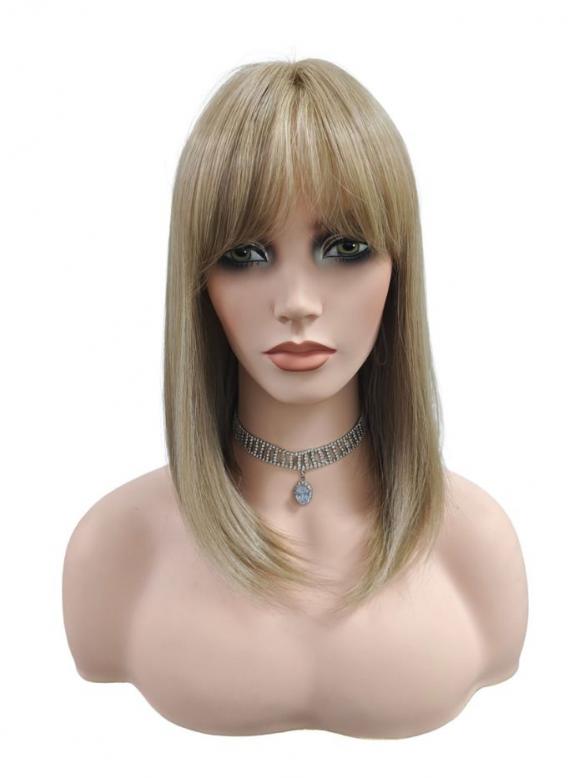 Mittellange elegante synthetische Perücke in aschblond mit Pony (Lace Part) DLP031