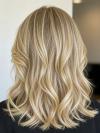 Premium 100% Remy Echthaar Perücke Damen Honey Blonde Balayage Schulterlang Gewellt EH050