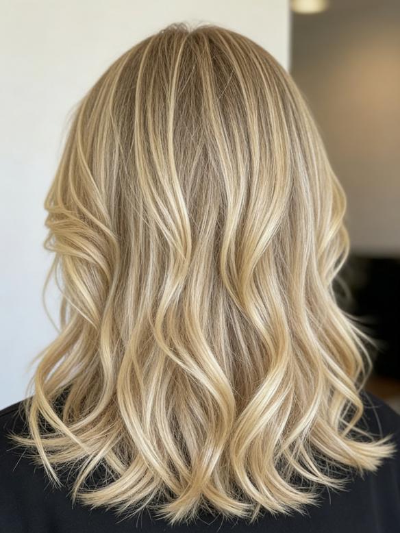 Premium 100% Remy Echthaar Perücke Damen Honey Blonde Balayage Schulterlang Gewellt EH050