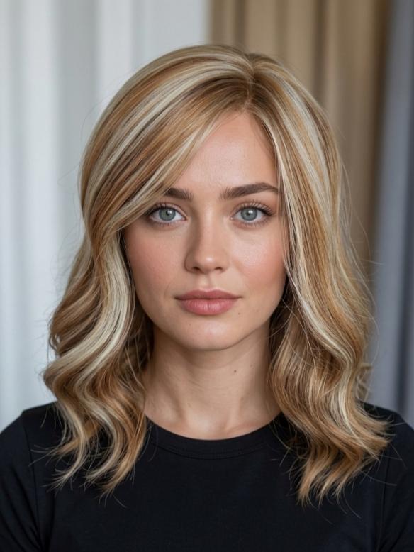 Schulterlange Kunsthaarperücke – Kastanienbraun mit goldblonden Strähnen und leichten Wellen (Lace Front) DLP025