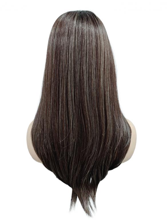 Superlange Perücke in Kastanienbraun mit zwei goldblonden Akzentsträhnen an der Stirn (Lace Part) DLP041