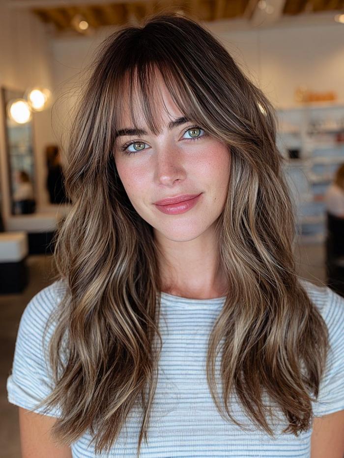 Balayage Braun Lange Wellige 100% Echthaarperücke mit Pony Hitzebeständige Echthaarperücke EH054