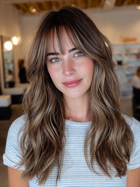 Balayage Braun Lange Wellige 100% Echthaarperücke mit Pony Hitzebeständige Echthaarperücke EH054