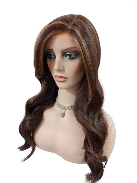 Linker Scheitel Kunsthaarperücke in Tiefbraun mit Goldblonden Strähnen und Locken (Lace Front) DLP064