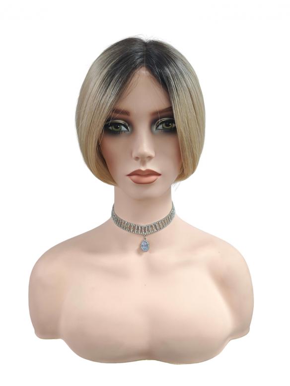 Coole Bob-Synthetische Perücke mit braunen Wurzeln und Ombre-Übergang zu hellem Blond. (MONO TOP) DMT004