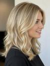 Premium 100% Remy Echthaar Perücke Damen Honey Blonde Balayage Schulterlang Gewellt EH050