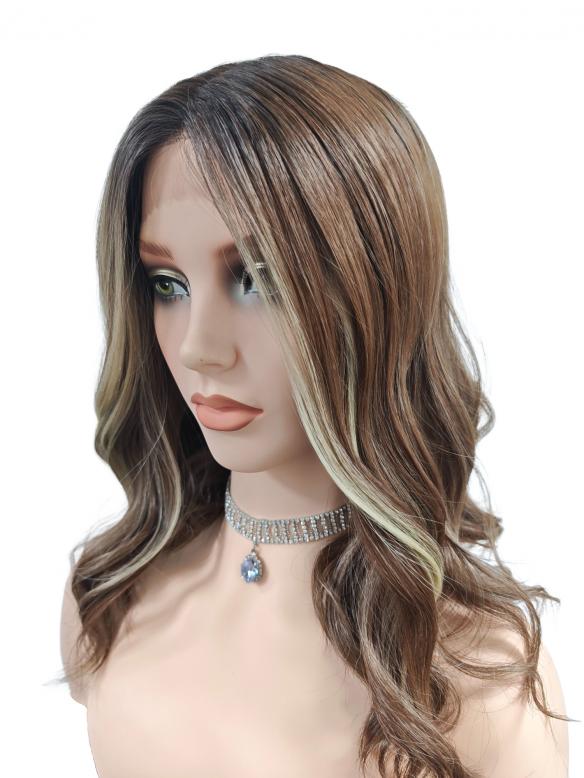 Dunkelbraun gewellte Perücke mit zwei goldenen Strähnen (Lace Part) DLP039