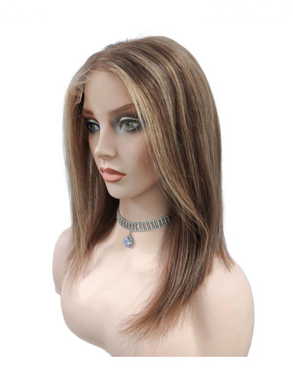 100% Remy Echthaar Perücke Braun mit goldblonden Strähnen EH026