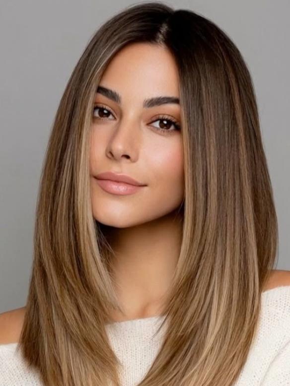 Echthaar Perücke Damen Braun Mittel lang Natürliche Ombre Perücke mit Spitzen 100% Remy Echthaar EH049