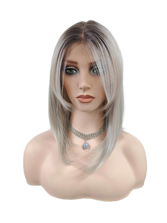 Mittellange Kunsthaarperücke in Platinblond mit Dunklem Ansatz (Lace Front) DLP061