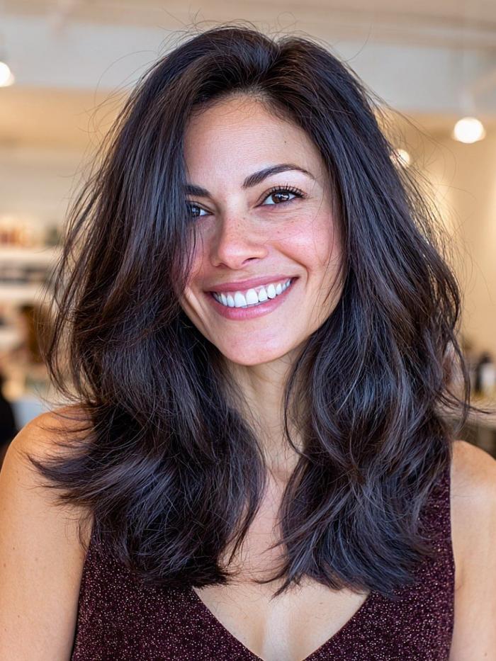 Luxus Echthaar Perücke Damen Schwarz Mittel lang Handgefertigte Perücke EH052