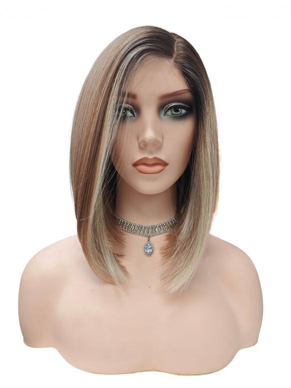Glatte Kunsthaarperücke in Blond Mix mit dunklem Ansatz und Seitenscheitel (Pre-Cut Lace) DLP078