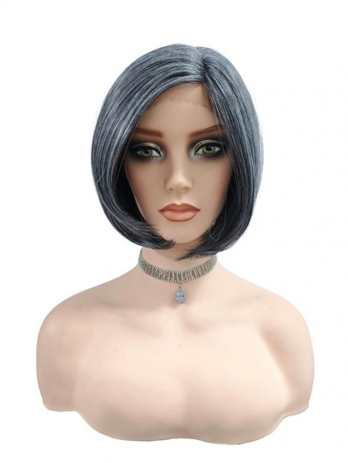 Bob-Schnitt synthetische Perücke in Schwarz-WeißGrau (Lace Part) DLP048