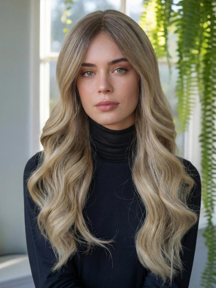 Exquisite Kunsthaarperücke – Dunkel Honigblond Ombre mit langen Wellen (Lace Front) DLP028