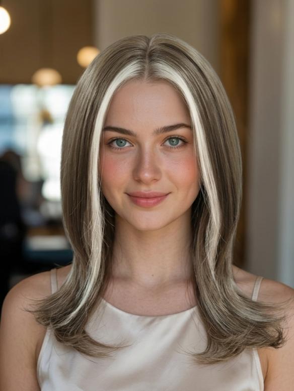 Kunsthaarperücke – Leinenbraun mit platinblonden Highlights vorne (Lace Front) DLP032