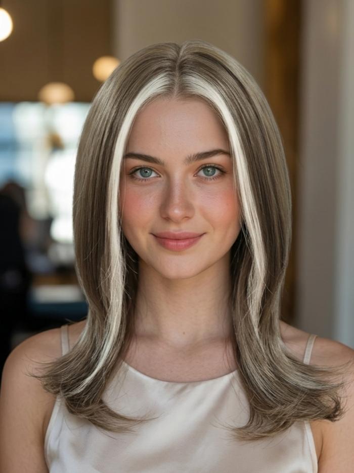 Kunsthaarperücke – Leinenbraun mit platinblonden Highlights vorne (Lace Front) DLP032