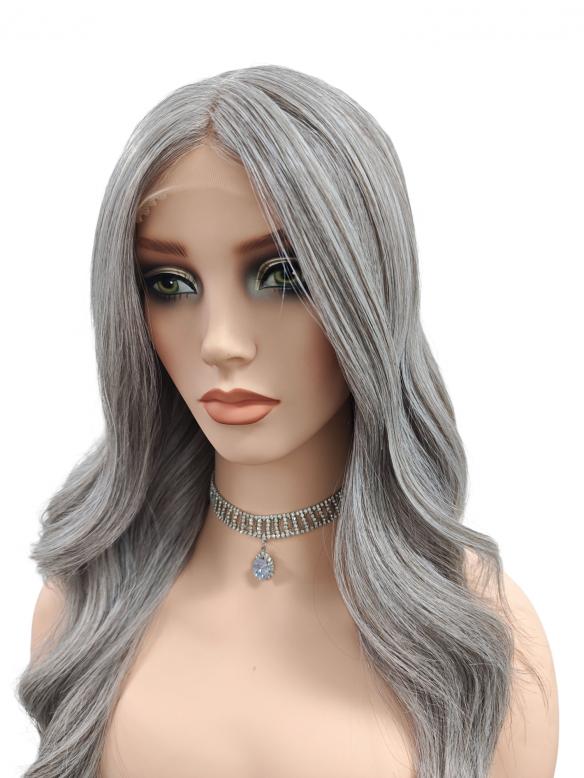 Lange gewellte synthetische Perücke in Grau (Lace Part) DLP013