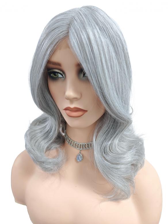 Gewellte synthetische Perücke in Grau-Weißblond (Lace Part) DLP046