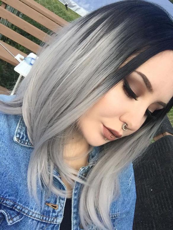 Schwarz nach Grau Schulterlänge Bubiköpfige synthetische Lace Front Perücke SNY086