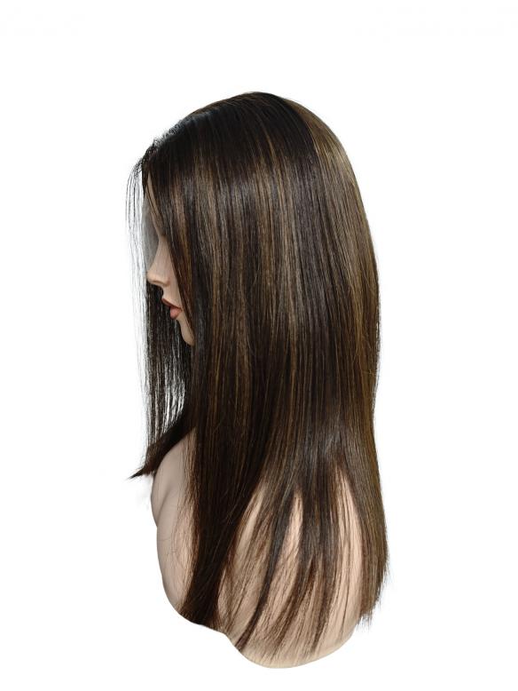 Hübsche Mittelbraune Kurze Bob Unsichtbare Lace Premium Echthaar Perücke mit Gold-Braun Mischung EH029