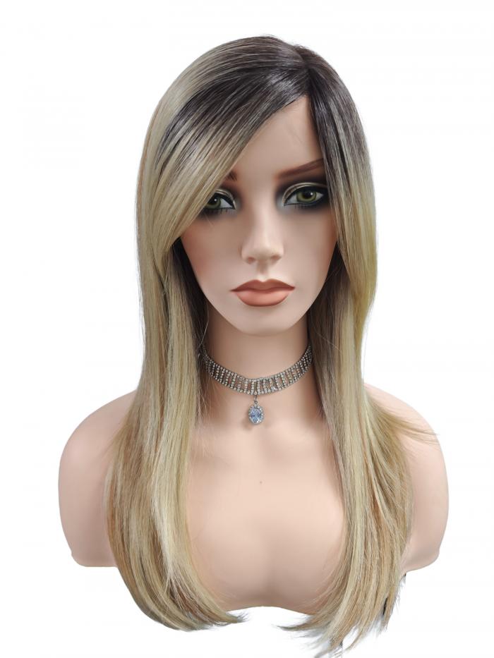Synthetische Perücke mit schwarzem Ansatz in Hellblond mit dunkelblonden Highlights (Lace Part) DLP008
