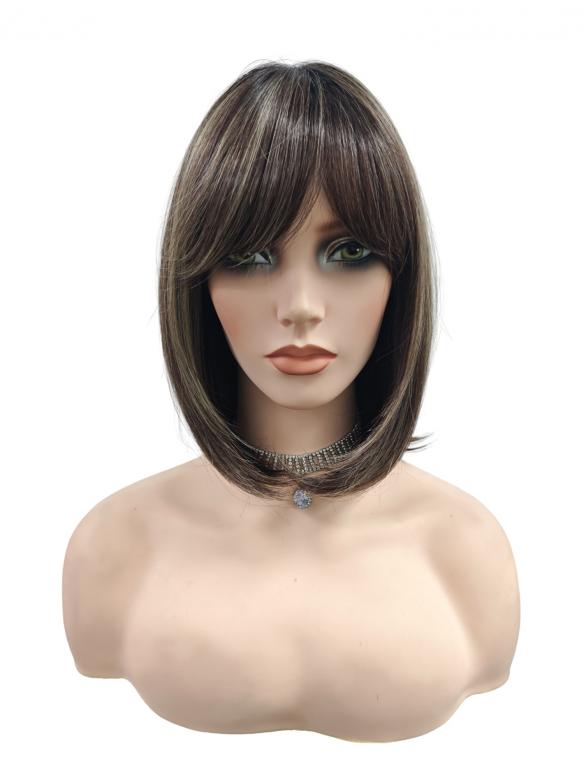 Synthetische Perücke in Kastanienbraun mit blonden Highlights und Pony (Lace Part) DLP050