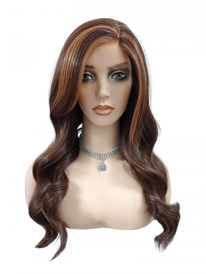 Linker Scheitel Kunsthaarperücke in Tiefbraun mit Goldblonden Strähnen und Locken (Lace Front) DLP064