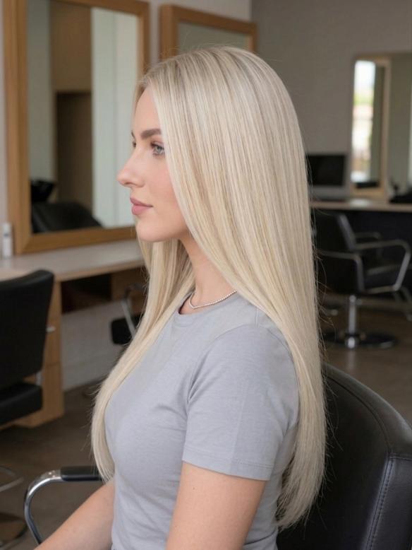 100% Echthaar Platinblond Glatt Langhaar Perücke Natürliche Gerade Echthaarperücke für Damen EH057