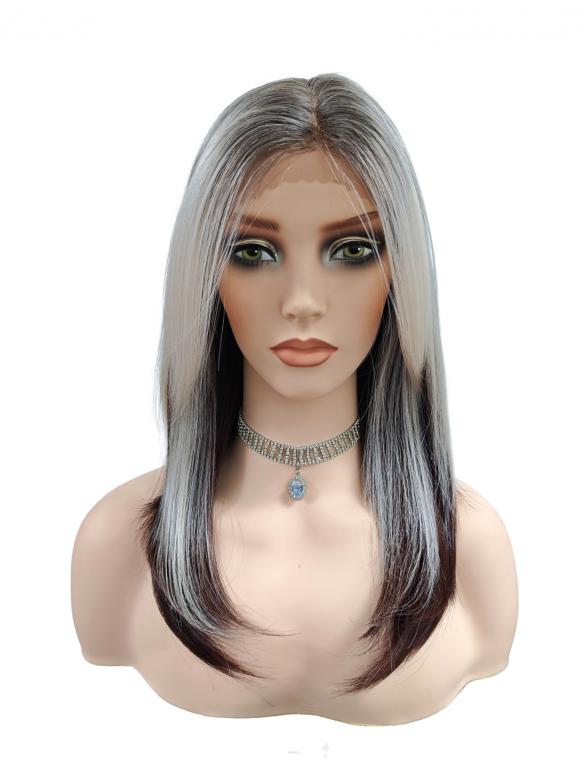 Glatte synthetische Perücke in DunkelRotBraun Mix Weißblond (Lace Part) DLP053