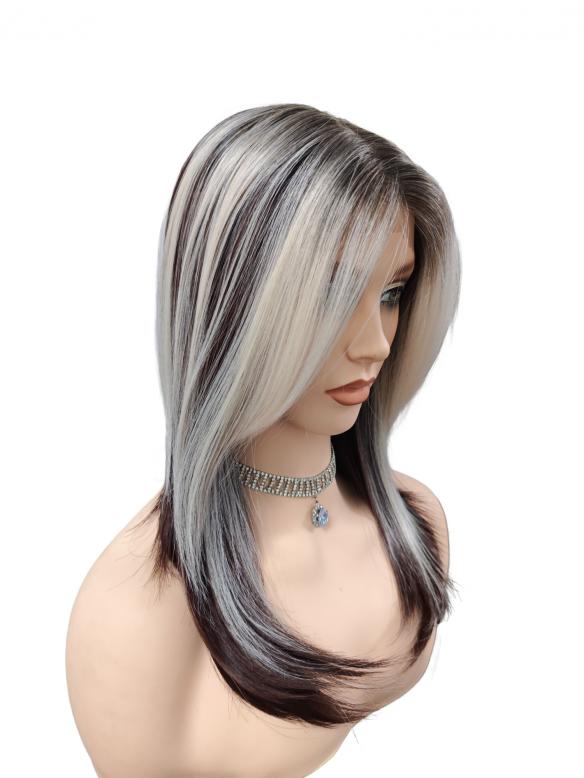 Glatte synthetische Perücke in DunkelRotBraun Mix Weißblond (Lace Part) DLP053