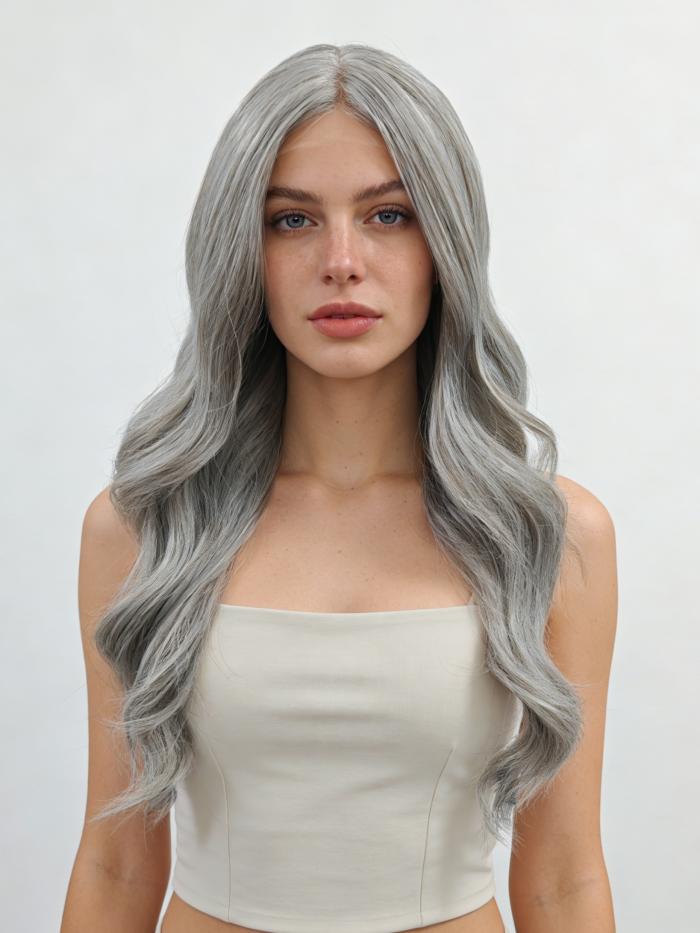 Lange gewellte synthetische Perücke in Grau (Lace Part) DLP013