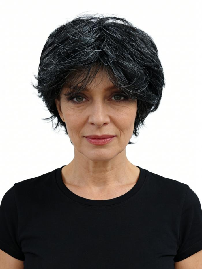 Schwarze Kunsthaarperücke mit Silberfarbenen Strähnen (Standard Kappe) DBK002