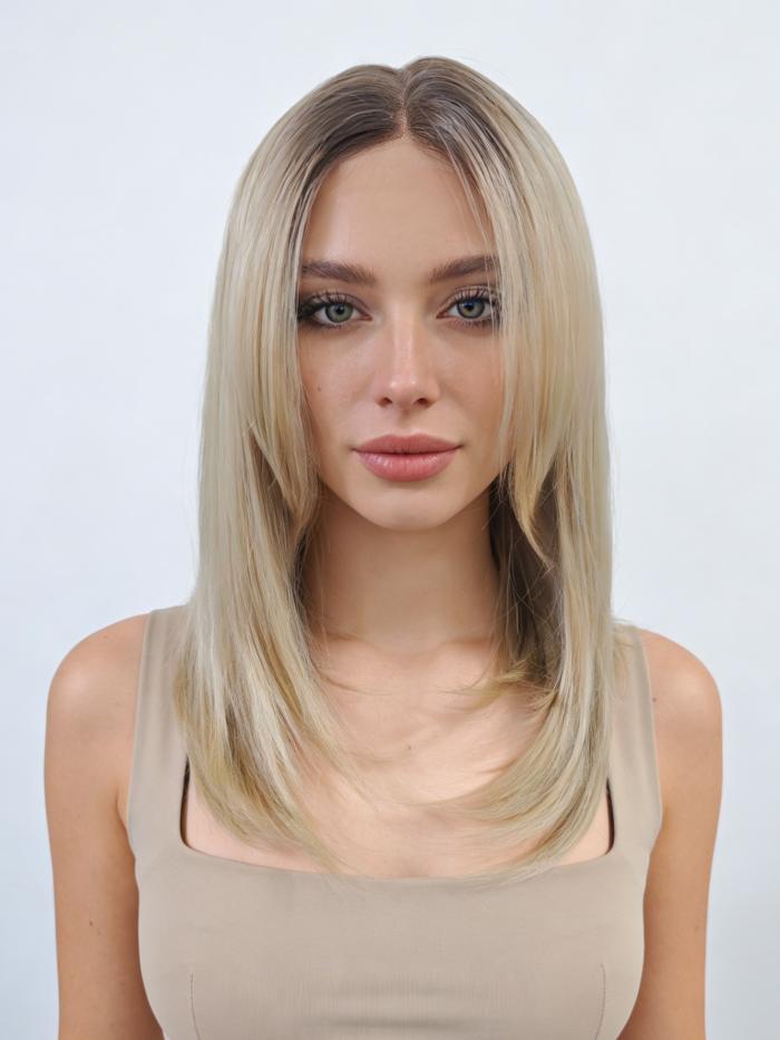 Blonde Kunsthaar Perücke mit dunklem Ansatz – Glatte synthetische Perücke (Lace Front) DLP066