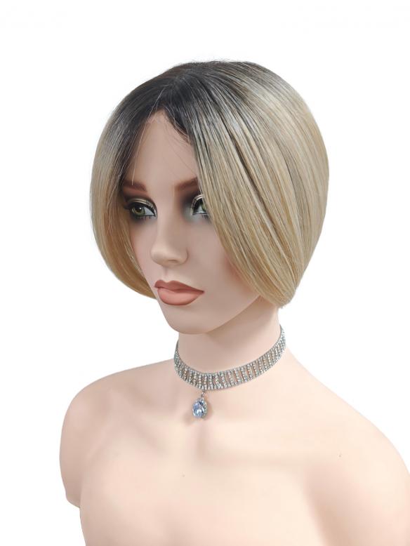 Coole Bob-Synthetische Perücke mit braunen Wurzeln und Ombre-Übergang zu hellem Blond. (MONO TOP) DMT004