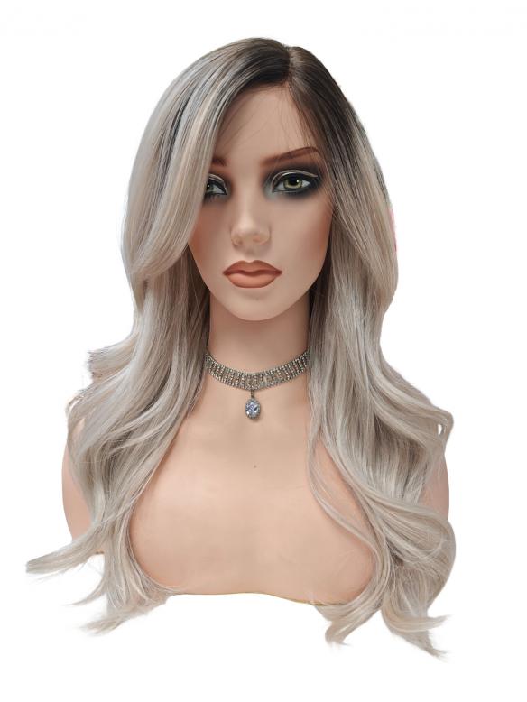Wellige Kunsthaarperücke in Platinblond mit dunklem Ansatz und Seitenscheitel (Pre-Cut Lace) DLP073